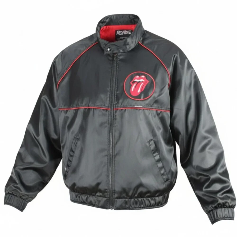 Vintage 80’s Roadie Rolling Stones Bomber Jacket Black Satin Tongue Logo Rocker